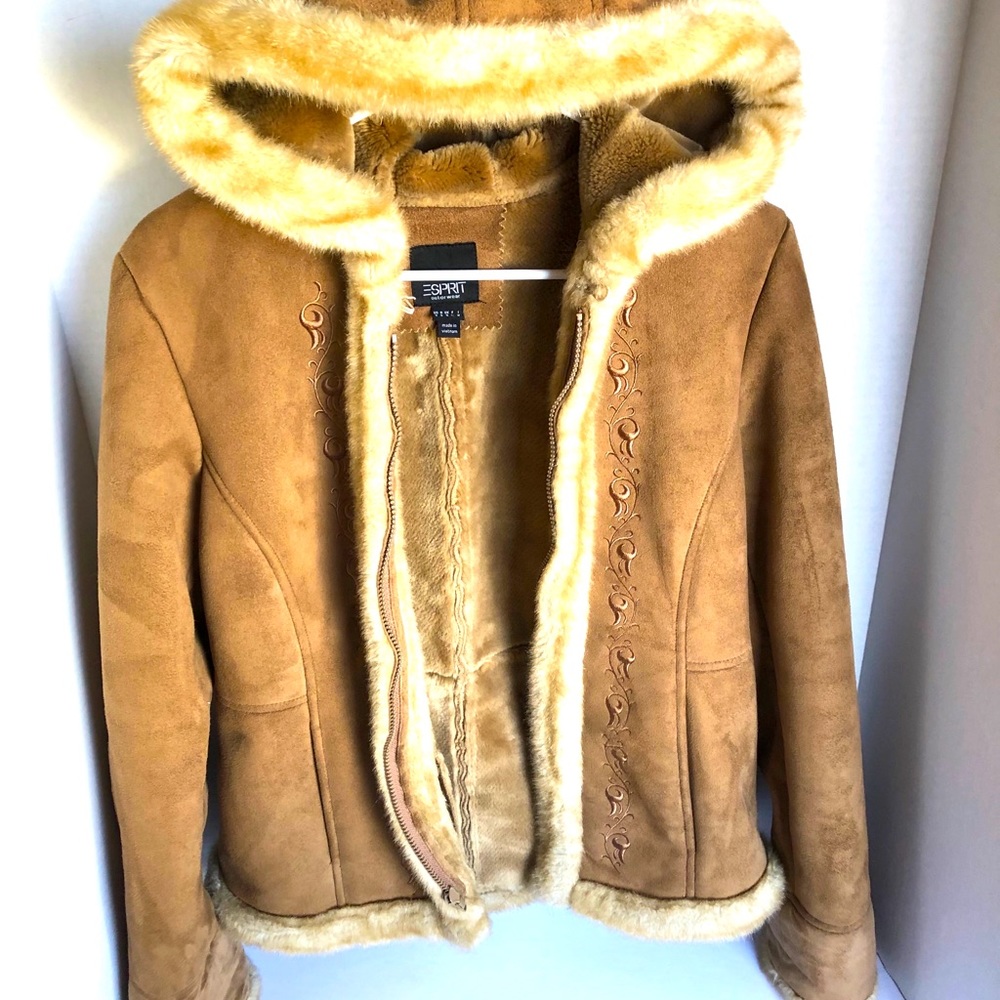 ESPRIT Leather Coat with Hoodie and Pockets